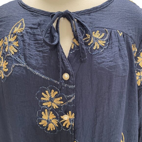 Ana & Rose Navy Blue Embroidered Floral Blouse XL Gold Stitching Boho Chic - Picture 4 of 10